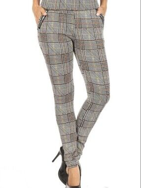 Shosho Plaid Tartan Check High Rise Ankle Pants in Gray, Black & Tan Large